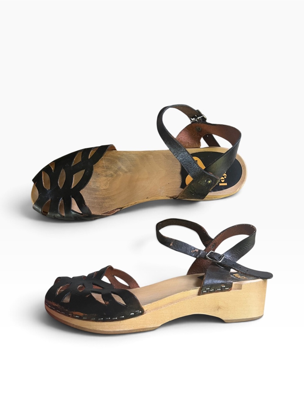 Swedish Hasbeens Black Cutout Leather Slingback Clogs